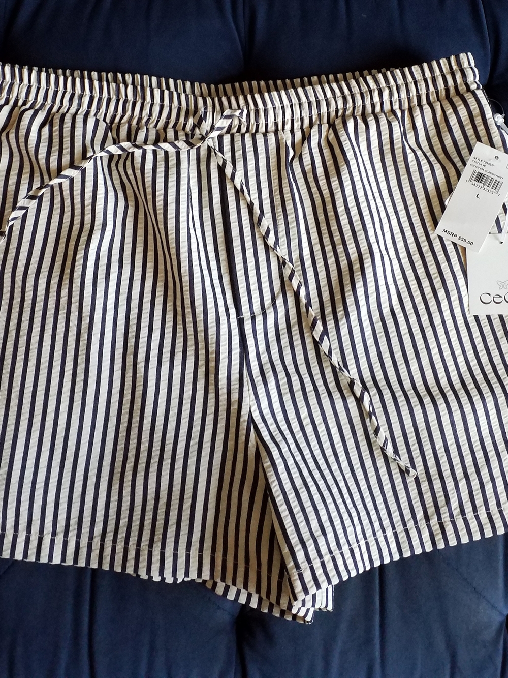 CeCe Navy & White Vertical-Stripe High Waist Shorts